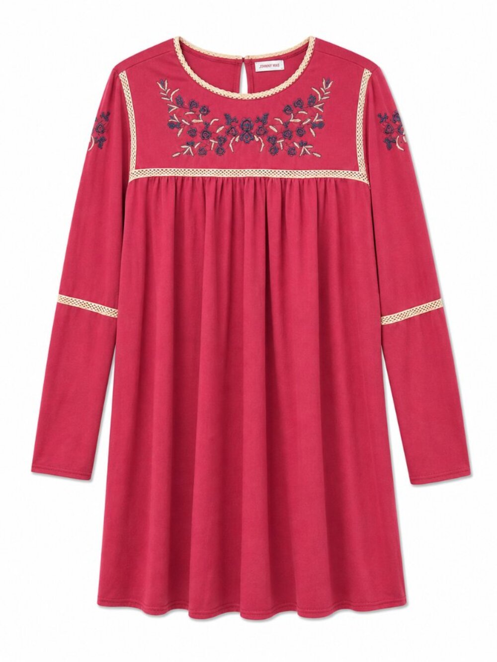Boho Embroidered Long-Sleeve Knee Length Dress — Dark Red Festival Vibes